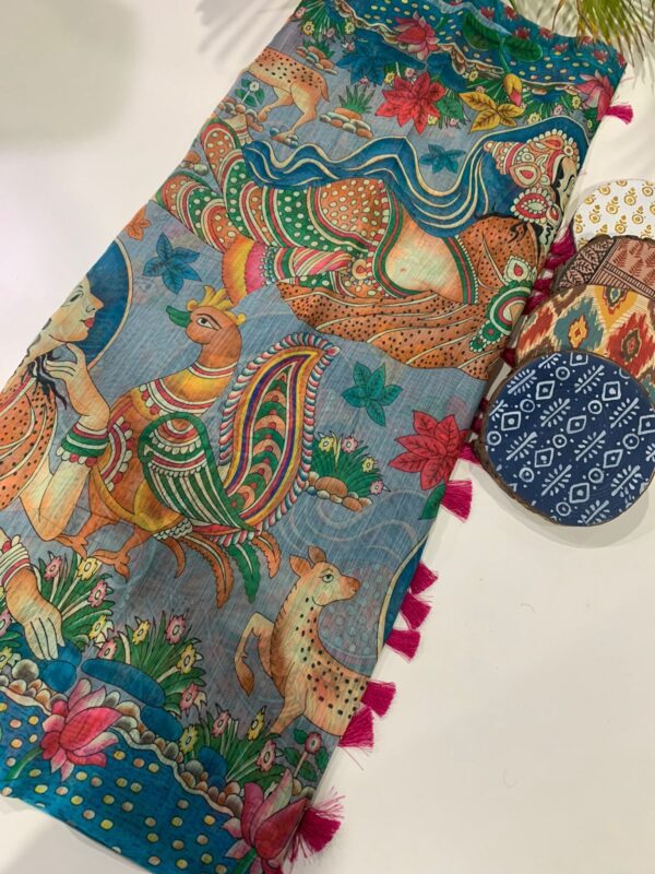 Hanika Kalamkari Pecock Desine Border Lenin Blend Saree - Image 5