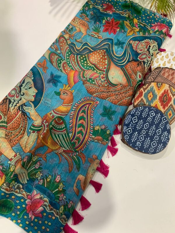 Hanika Kalamkari Pecock Desine Border Lenin Blend Saree - Image 2